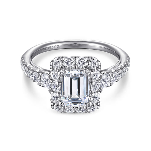 14K White Gold Halo Emerald Cut Diamond Engagement Ring