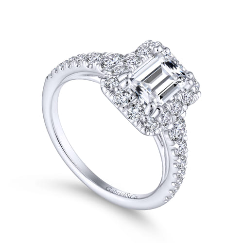 14K White Gold Halo Emerald Cut Diamond Engagement Ring
