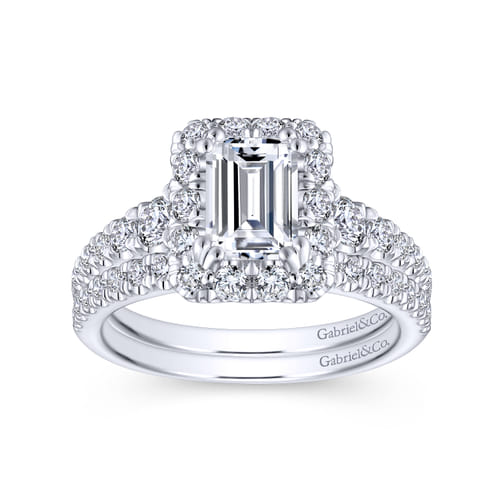 14K White Gold Halo Emerald Cut Diamond Engagement Ring