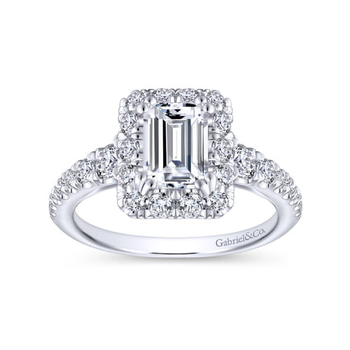 14K White Gold Halo Emerald Cut Diamond Engagement Ring