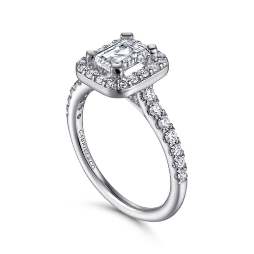 14K White Gold Halo Emerald Cut Diamond Engagement Ring