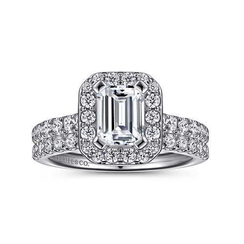 14K White Gold Halo Emerald Cut Diamond Engagement Ring