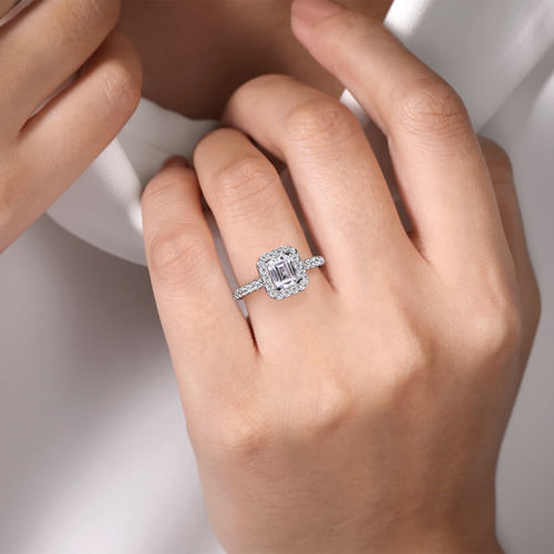 14K White Gold Halo Emerald Cut Diamond Engagement Ring