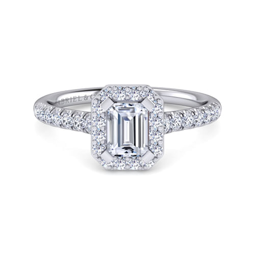 14K White Gold Halo Emerald Cut Diamond Engagement Ring