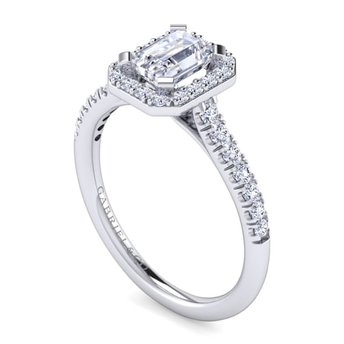 14K White Gold Halo Emerald Cut Diamond Engagement Ring