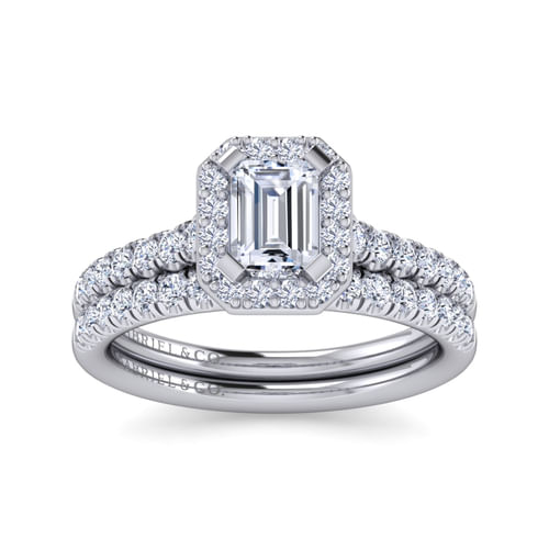 14K White Gold Halo Emerald Cut Diamond Engagement Ring