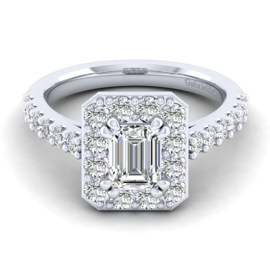 Gabriel - 14K White Gold Halo Emerald Cut Diamond Engagement Ring