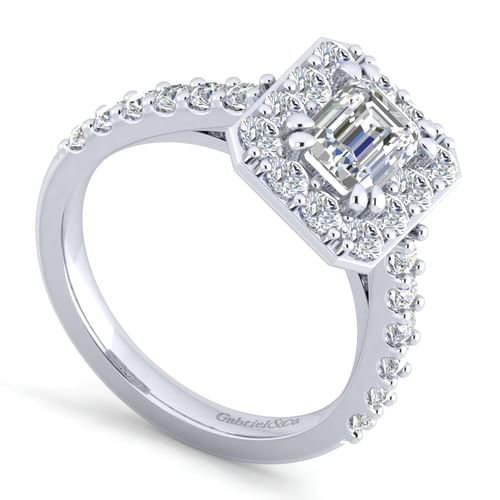 14K White Gold Halo Emerald Cut Diamond Engagement Ring