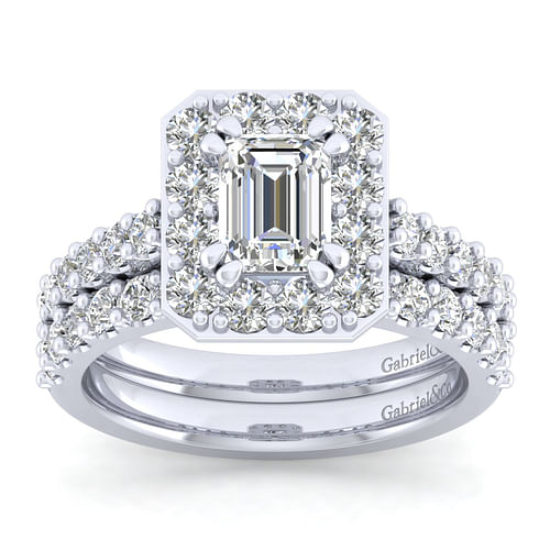 14K White Gold Halo Emerald Cut Diamond Engagement Ring