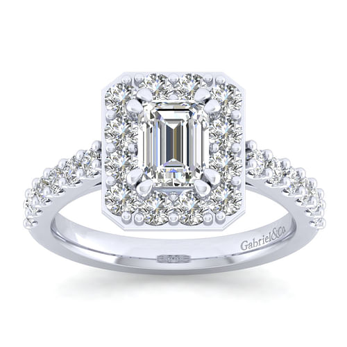 14K White Gold Halo Emerald Cut Diamond Engagement Ring