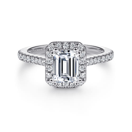 14K White Gold Halo Emerald Cut Diamond Engagement Ring