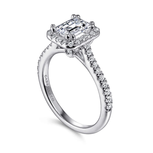 14K White Gold Halo Emerald Cut Diamond Engagement Ring