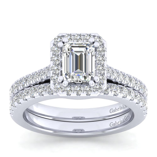14K White Gold Halo Emerald Cut Diamond Engagement Ring