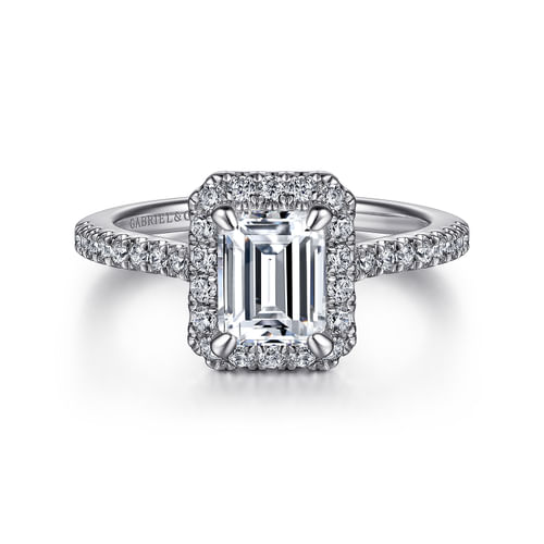 14K White Gold Halo Emerald Cut Diamond Engagement Ring