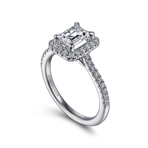 14K White Gold Halo Emerald Cut Diamond Engagement Ring