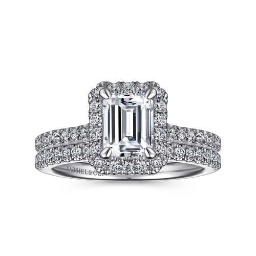 14K White Gold Halo Emerald Cut Diamond Engagement Ring