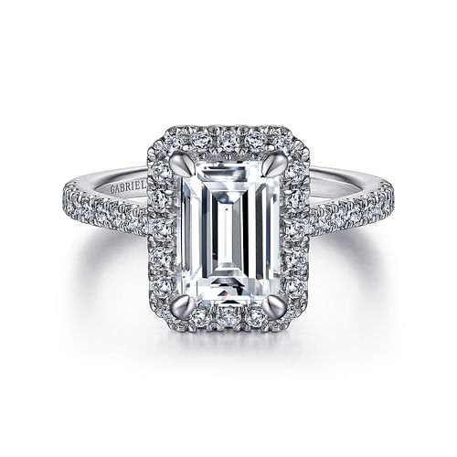 14K White Gold Halo Emerald Cut Diamond Engagement Ring