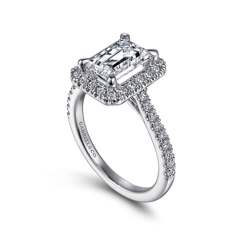 14K White Gold Halo Emerald Cut Diamond Engagement Ring