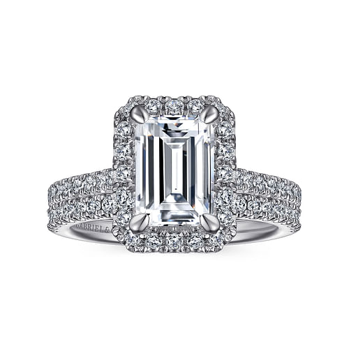 14K White Gold Halo Emerald Cut Diamond Engagement Ring