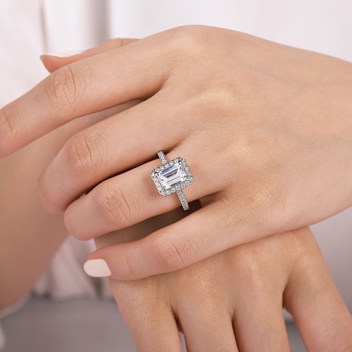 14K White Gold Halo Emerald Cut Diamond Engagement Ring