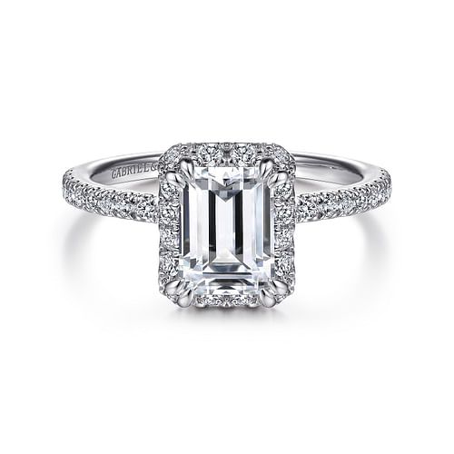 14K White Gold Halo Emerald Cut Diamond Engagement Ring