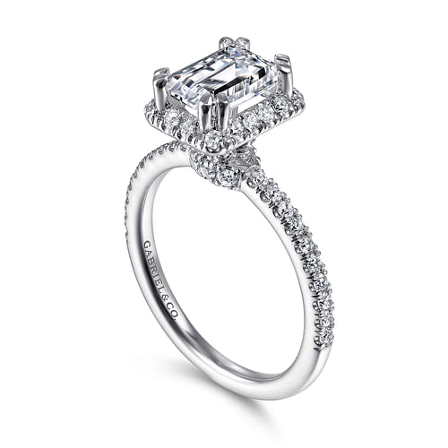 14K White Gold Halo Emerald Cut Diamond Engagement Ring