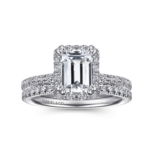 14K White Gold Halo Emerald Cut Diamond Engagement Ring