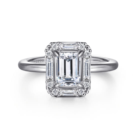 14K White Gold Halo Emerald Cut Diamond Engagement Ring