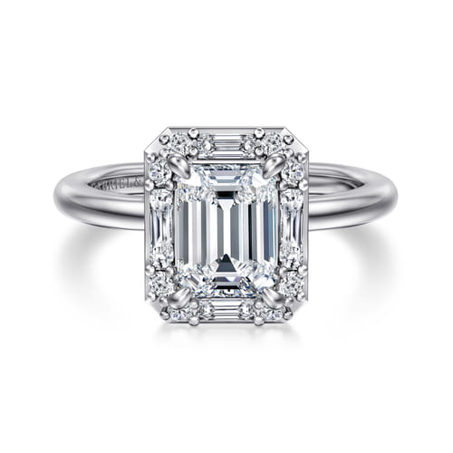 14K White Gold Halo Emerald Cut Diamond Engagement Ring