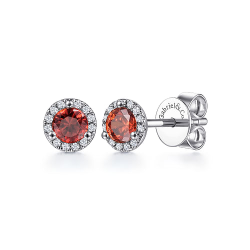 14K White Gold Halo Garnet and Diamond Stud Earrings