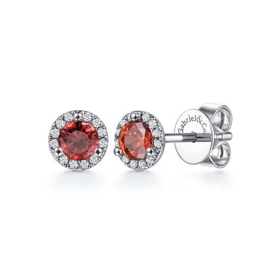 Gabriel - 14K White Gold Halo Garnet and Diamond Stud Earrings