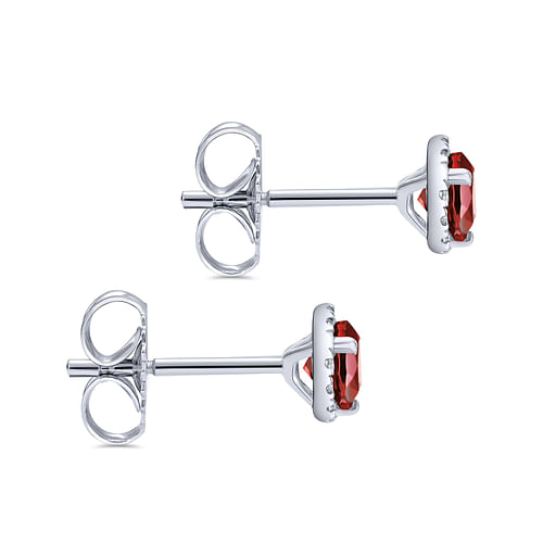 14K White Gold Halo Garnet and Diamond Stud Earrings