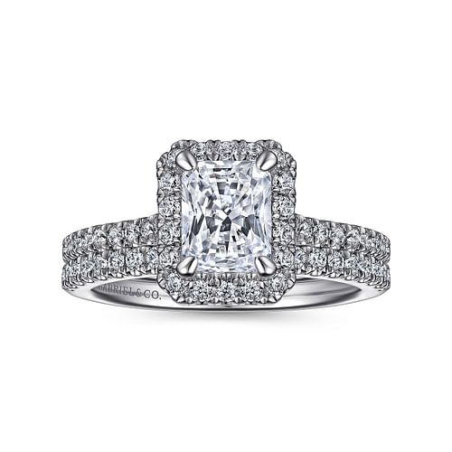 14K White Gold Halo Rectangular Radiant Cut Diamond Engagement Ring