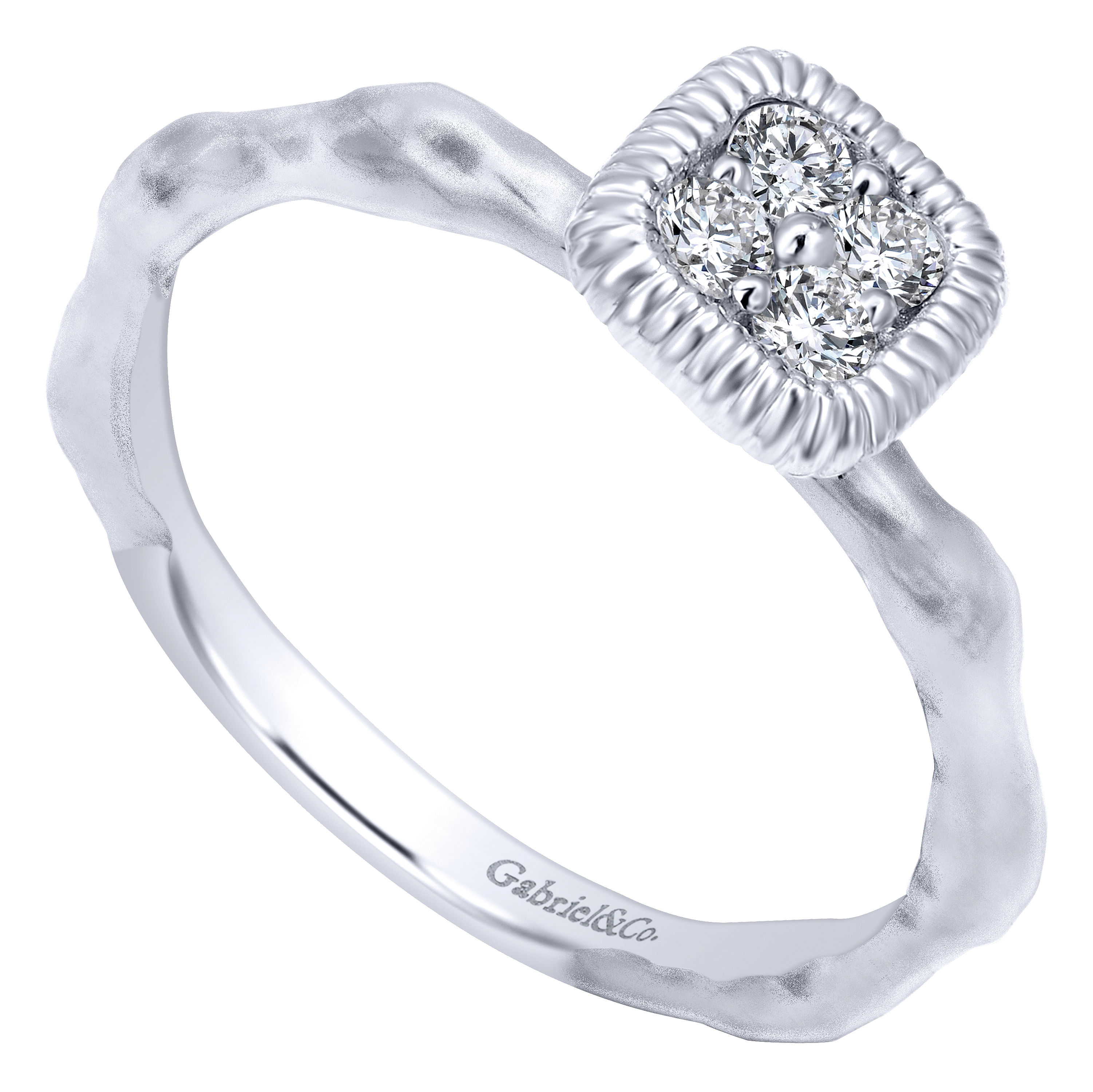 14K White Gold Hammered Ring with Square Diamond Cluster Center