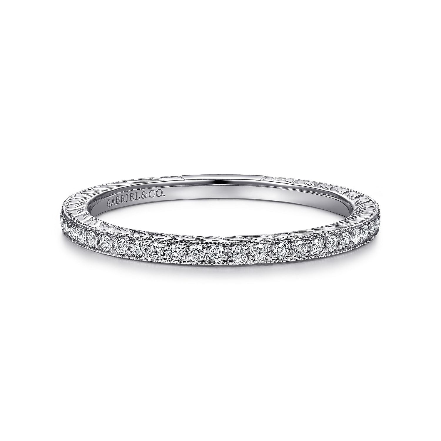 14K White Gold Hand Carved Stackable Diamond Ring