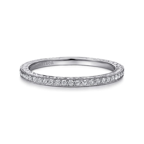14K White Gold Hand Carved Stackable Diamond Ring