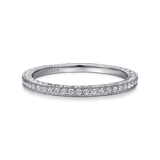 14K White Gold Hand Carved Stackable Diamond Ring