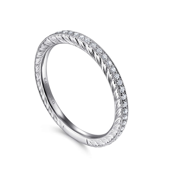 14K White Gold Hand Carved Stackable Diamond Ring angle 3
