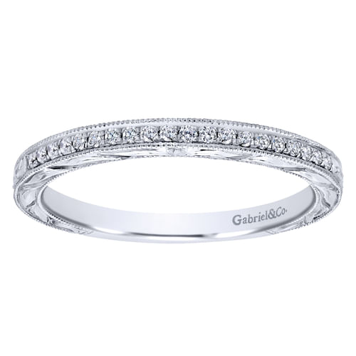 14K White Gold Hand Engraved Micro Pavé Diamond Wedding Band
