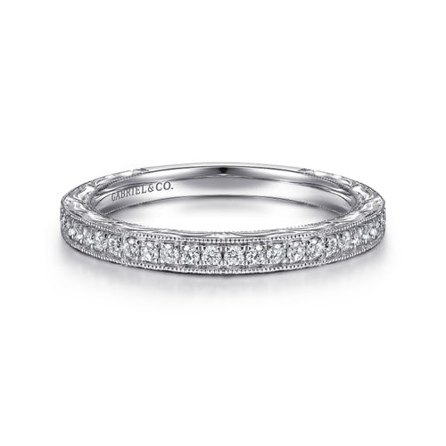 14K White Gold Hand Engraved Micro Pavé Diamond Wedding Band