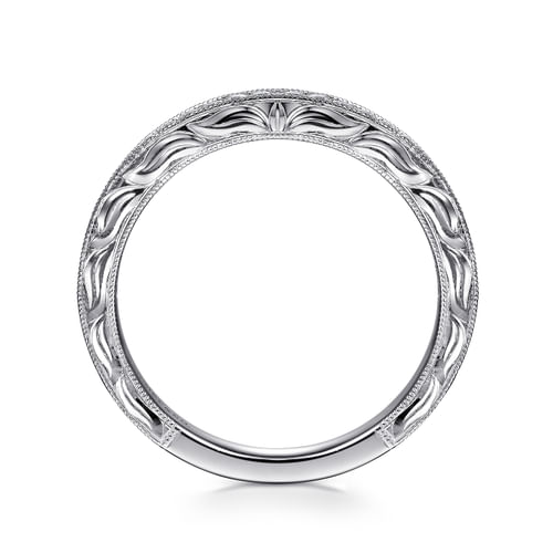 14K White Gold Hand Engraved Micro Pavé Diamond Wedding Band