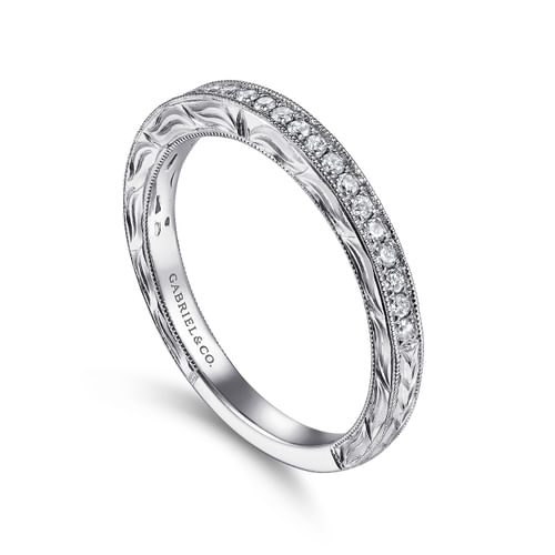14K White Gold Hand Engraved Micro Pavé Diamond Wedding Band