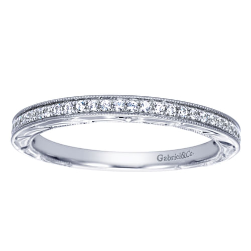 14K White Gold Hand Engraved Micro Pavé Diamond Wedding Band