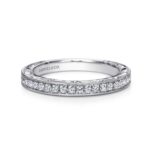 14K White Gold Hand Engraved Micro Pavé Diamond Wedding Band