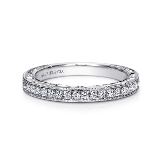 Gabriel - 14K White Gold Hand Engraved Micro Pavé Diamond Wedding Band