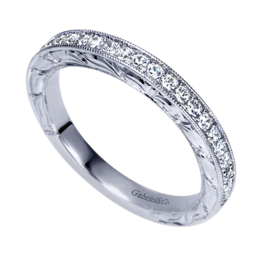 14K White Gold Hand Engraved Micro Pavé Diamond Wedding Band