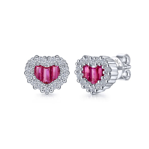 14K White Gold Heart Ruby and Diamond Earrings