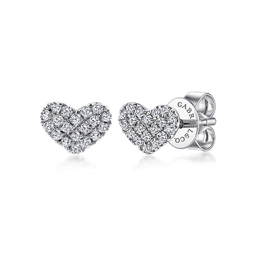 14K White Gold Heart Shaped Pavé Diamond Stud Earrings