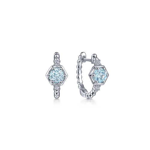 14K White Gold Hexagonal Aquamarine and Diamond Huggies Earrings