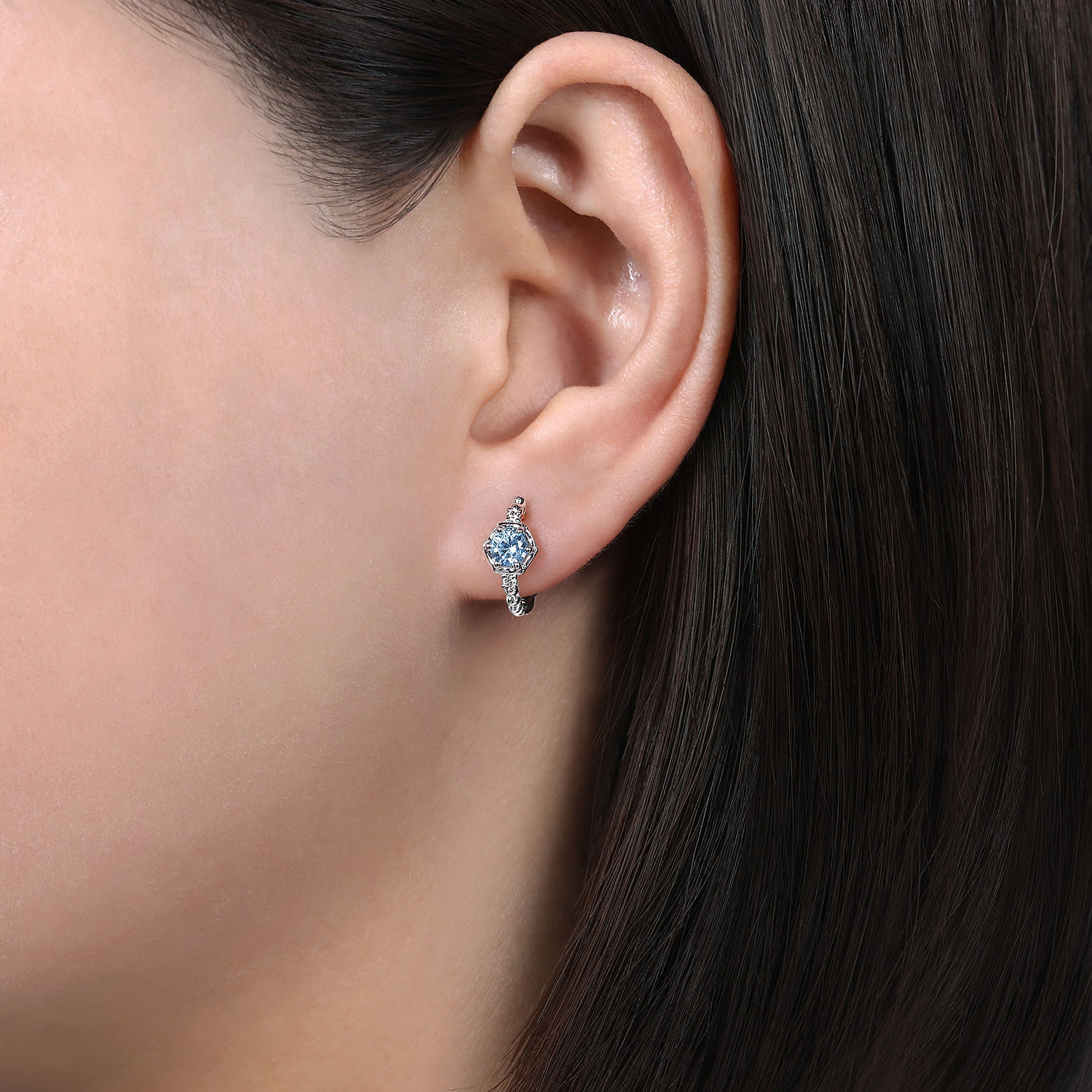 14K White Gold Hexagonal Aquamarine and Diamond Huggies Earrings